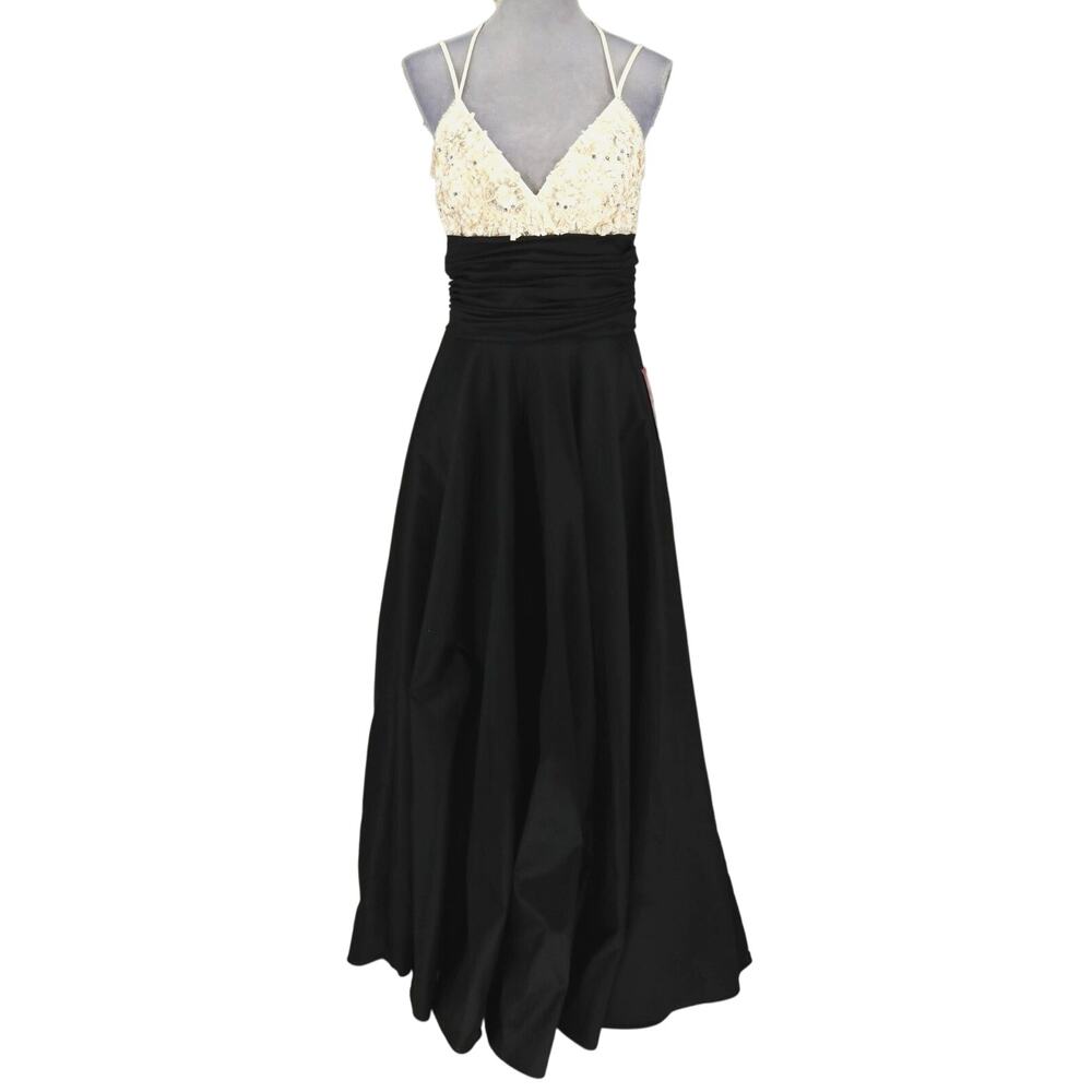 JS Collections Gown Womens 8 Black Ivory Beaded Ruched Lined Strappy Dress New